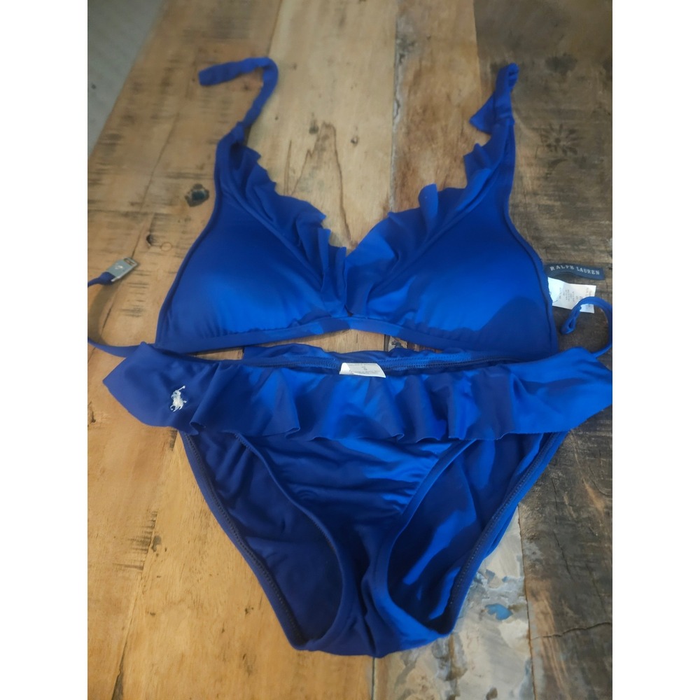 Ralph Lauren Womens Blue Ruffle Halter Bikini Two Piece Swimsuit Set Size M
